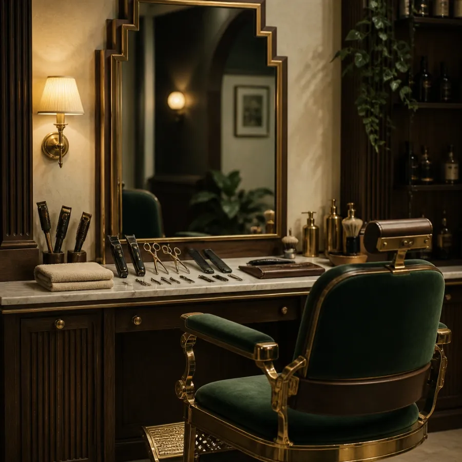 A Speakeasy barber lounge station with tools laid out beneath a brass-framed mirror